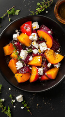 Salad with juicy peaches from a local orchard, soft feta, fresh mint, and natural honey