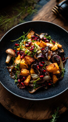 Cabbage salad with mushroom chips, pomegranate, and honey