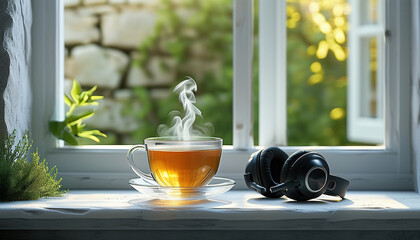 Lo-fi Serene moment with steaming cup of tea and headphones on windowsill with copy space