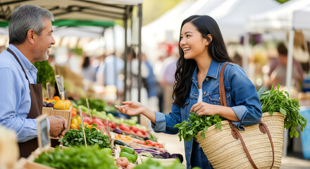 An Asian woman picks fresh herbs at an outdoor market, smiling and enjoying healthy local shopping