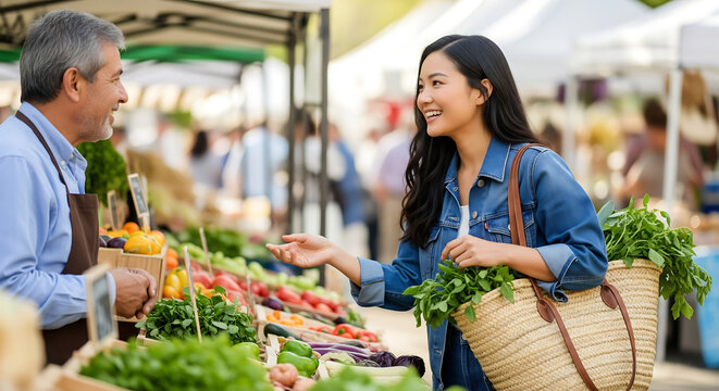 An Asian woman picks fresh herbs at an outdoor market, smiling and enjoying healthy local shopping