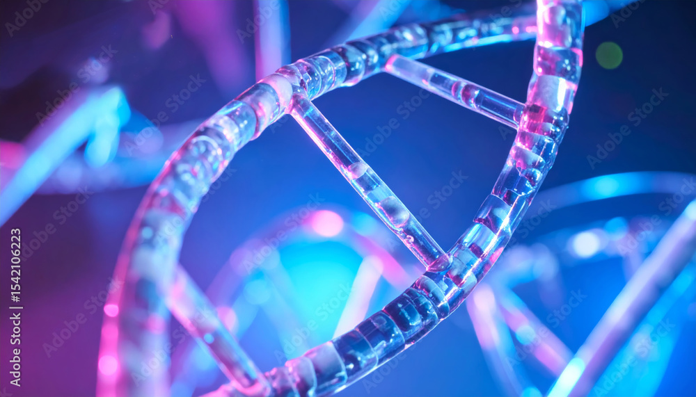 Poster close up of a transparent dna double helix structure used for futuristic data storage, illuminated b