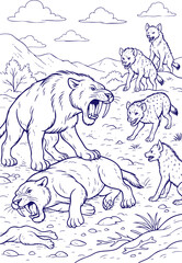 Saber-toothed tigers fighting hyenas in prehistoric landscape