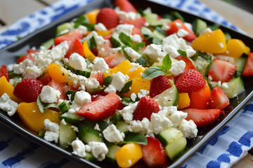 Summer salad with fresh vegetables, goat cheese, and strawberries