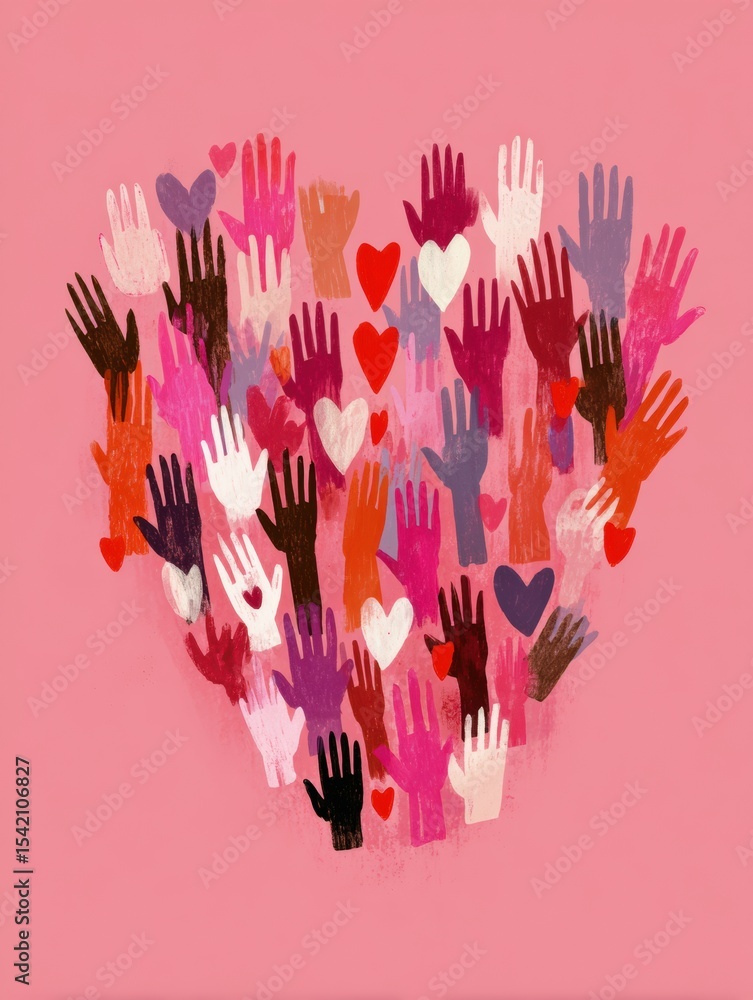 Poster support network illustrated with colorful hands and hearts showing unity and compassion in a bright 