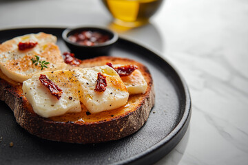 Rye toast with sun-dried tomatoes, halloumi cheese and olive oil