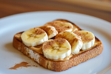 Toast with peanut butter, banana slices, and a pinch of cinnamon