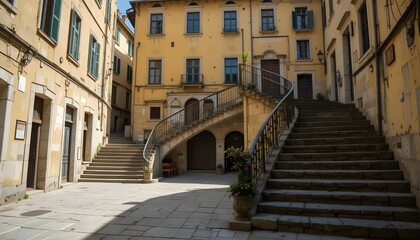 A European City Courtyard with Weathered Stairs and Old Yellow Buildings