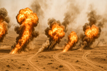 Explosions producing fire and smoke. Military combat action and bomb attack in desert with orange and black smoke. War concept.