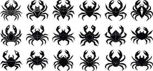 Set of Geometric Crab Silhouettes – Black Vector Crustacean Icons for Zodiac, Marine, and Tribal Design