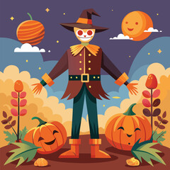 Scarecrow with Pumpkins at Its Feet &ndash; Autumn Harvest and Farm Decoration Illustration