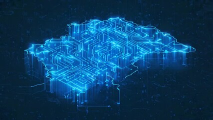 A glowing digital map formed by circuitry lines, symbolizing data networks, high-tech systems, innovation, or artificial intelligence infrastructure. - Powered by Adobe