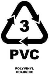 Recycling code icon, PVC text, bold black color recycling symbol with arrows for polyvinyl chloride, marked with the number 3 with isolated background.
