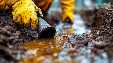 Environmental Cleanup:  Worker in Yellow Gloves Examining Contaminated Soil and Water