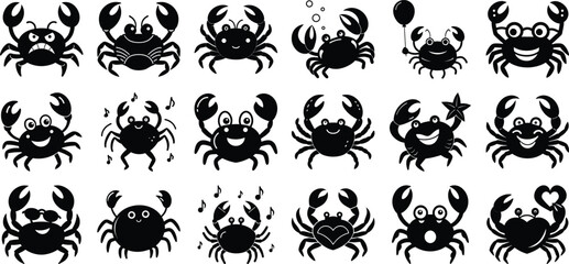 Set of Cute Cartoon Crab Silhouettes – Funny Sea Animal Vector Icons for Kids, Summer, and Marine Designs