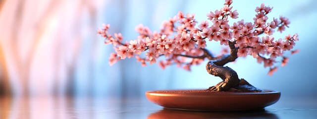 Cherry blossom bonsai tree with pink flowers bloom in a pot, symbolizing spring and beauty. Minimalist design for home decor banner