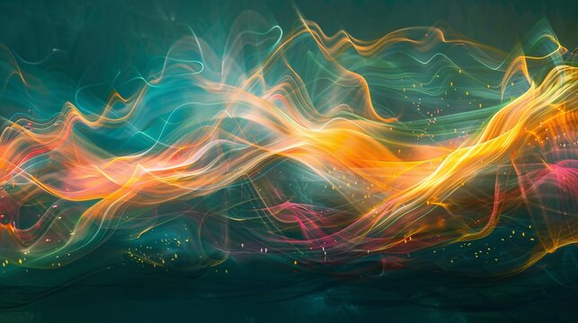 Light green light trails dance across an abstract backdrop painting it with colorful luminescence