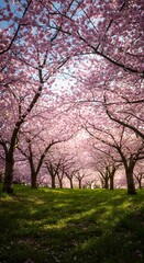 Pink blossoms create a canopy over a lush green field, suggesting peace and the fleeting beauty of spring.