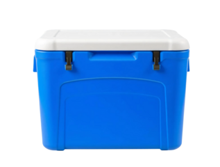 A blue plastic ice cooler with a white lid isolated on transparent background