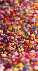 Abstract floral explosion, vibrant and colorful.  Dense clusters of small, stylized flowers in many hues of the rainbow