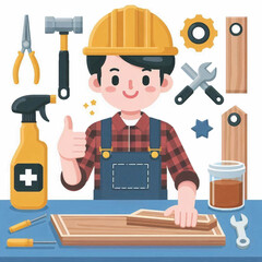 Cartoon construction worker at work tools lumber  smile
