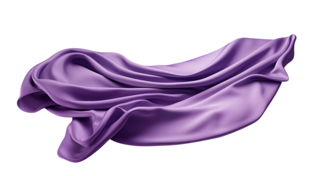 A flowing piece of light purple fabric against a black background with soft folds and curves isolated on transparent background