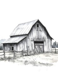 Delightful watercolor depiction of rustic barn framed by a charming wooden fence