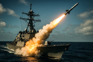 Military destroyer launching a powerful missile from its deck with fiery engine exhaust over the blue ocean surface.