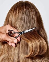 Hairdresser’s hands with scissors styling blonde woman’s luxurious hair