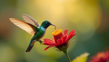 Fototapeta premium Green Hummingbird Feeding from Red Flower in Midair with Sunlit Wings and Soft Nature Background