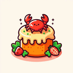 Cartoon dessert with a crab on top strawberries on the sides and a light background