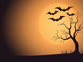 Halloween scene with Bats flying in front of the Full Moon and the Tree 