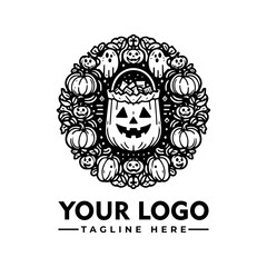 A Halloween-themed logo design featuring a jack-o'-lantern bucket surrounded by decorative pumpkins and ghosts.
