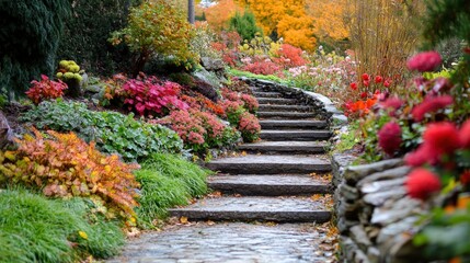 Autumnal garden path with colorful foliage and stone steps.