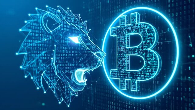 Abstract digital art featuring a lion's head and a Bitcoin symbol, overlaid with binary code