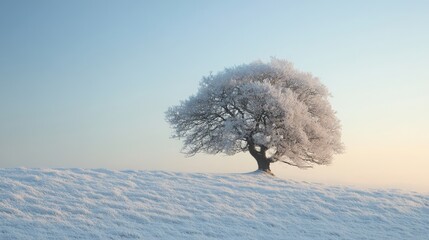 Solitary frosted tree on a snowy hilltop.