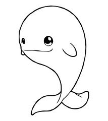 Cartoon dolphin illustration a rounded body tail fins eye and simple smile all outlined in black on a white background