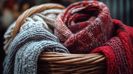 Cozy collection of knitted and plaid blankets in a wicker basket.