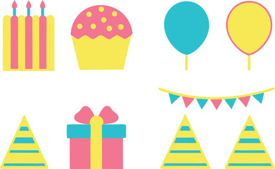 Birthday Elements Clipart Set for Party Designs. Fun Birthday Clipart Set for Print and Crafts. Colorful Birthday Elements Clipart for Kids. Creative Birthday Clipart Collection for Designers