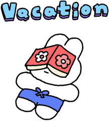 Vacation 텍스트와 책 덮고 낮잠 자는 토끼 캐릭터 여름 일러스트