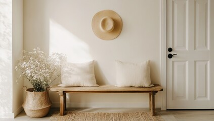 A sun-drenched hallway features a natural-toned bench, cream pillows, a straw hat, and a woven basket