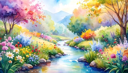 Beautiful painting of a serene stream flowing through the woods surrounded by nature