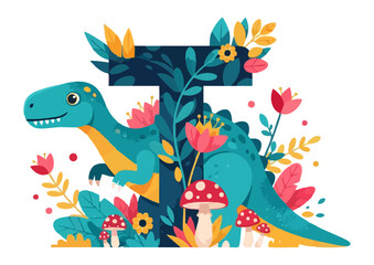 Fototapeta premium Colorful dinosaur and letter T design with flowers and mushrooms on transparent background copy space