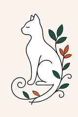 Naklejka premium Minimalist cat line art with floral elements on beige background