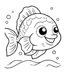 Cartoon fish with big eyes swims above wavy lines surrounded by bubbles