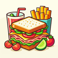 Cartoon drawing of a sandwich with tomatoes drink and french fries