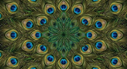 Obraz premium A kaleidoscopic pattern of peacock feathers. Vibrant colors and intricate design