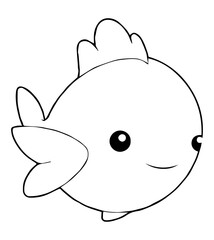 Cartoon fish with large eyes round body and simple smile black outline on white