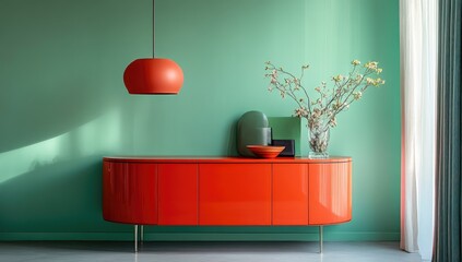 Modern living room with vibrant colors.  Red cabinet against teal wall.  Stylish pendant light.  Natural elements