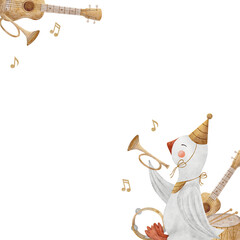 Frame watercolor goose trumpeter musician, musical instruments illustration, guitar, drum hand drawn. Template square for design invitation, birthday, congratulations, postcard, poster, nursery